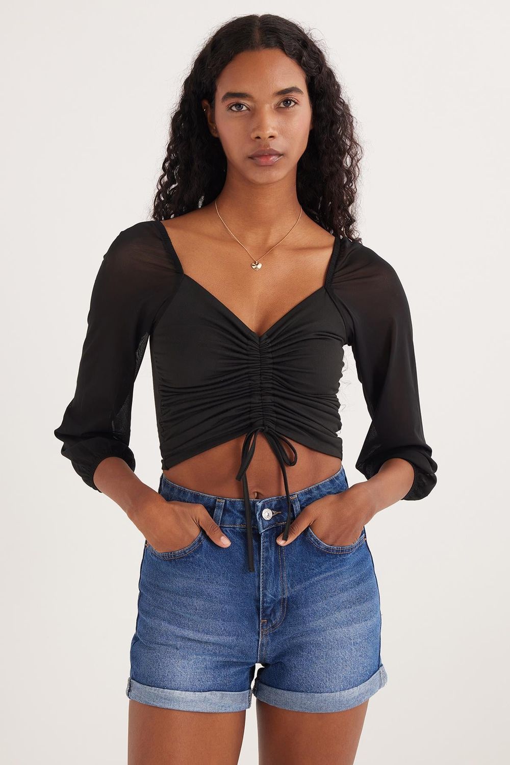 Kadın Slim Fit Dar Kesim Uzun Kollu Büzgülü Siyah Bluz
