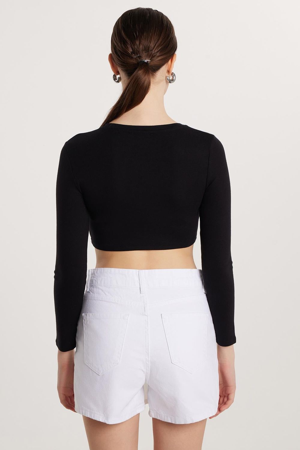 Kadın Slim Fit Modal Kumaş Pamuklu Bisiklet Yaka Siyah Bluz