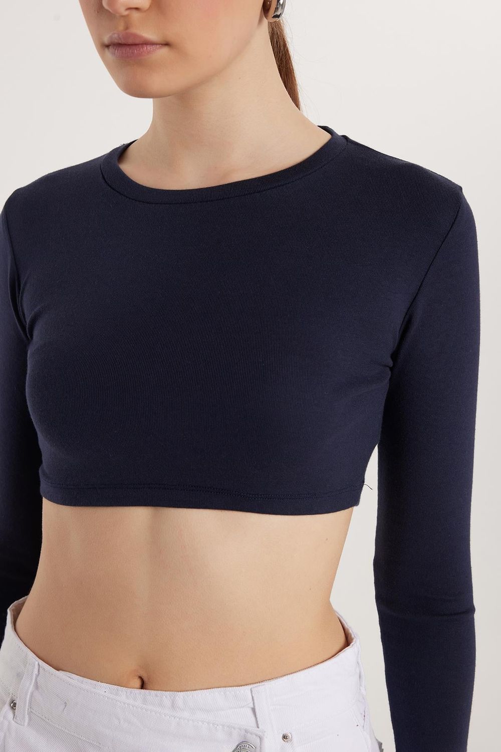 Kadın Slim Fit Modal Kumaş Pamuklu Bisiklet Yaka Lacivert Bluz