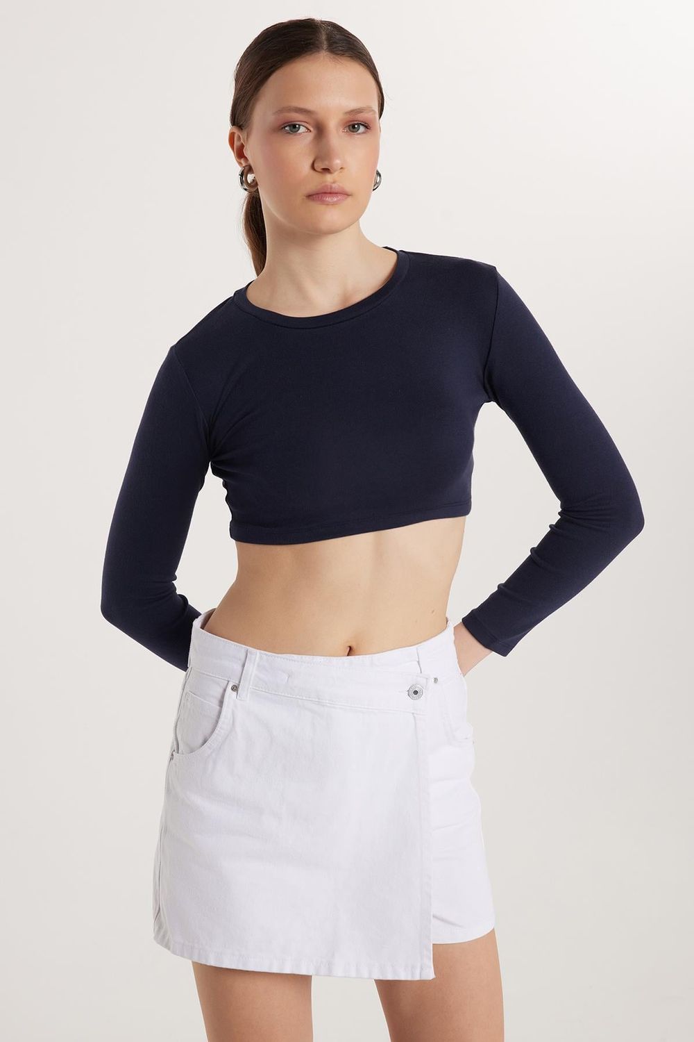 Kadın Slim Fit Modal Kumaş Pamuklu Bisiklet Yaka Lacivert Bluz