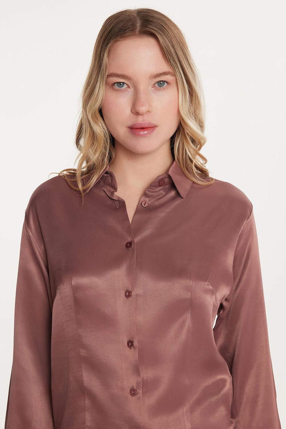 Kadın Slim Fit Dar Kesim Uzun Kollu Klasik Yaka Saten Gül Kurusu Gömlek