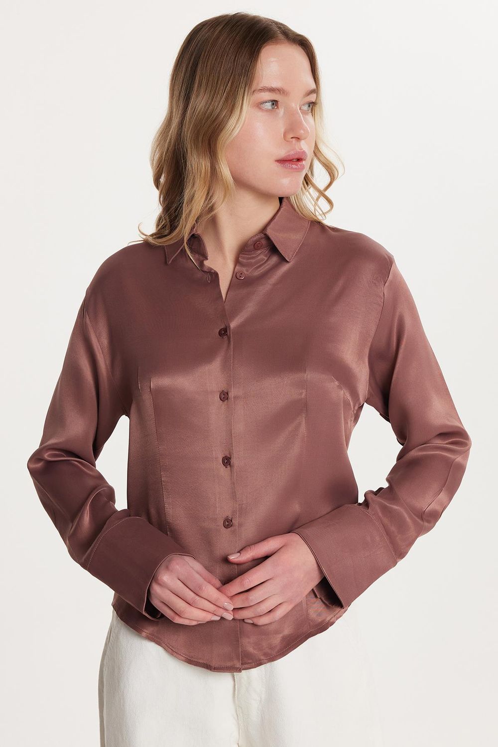 Kadın Slim Fit Dar Kesim Uzun Kollu Klasik Yaka Saten Gül Kurusu Gömlek