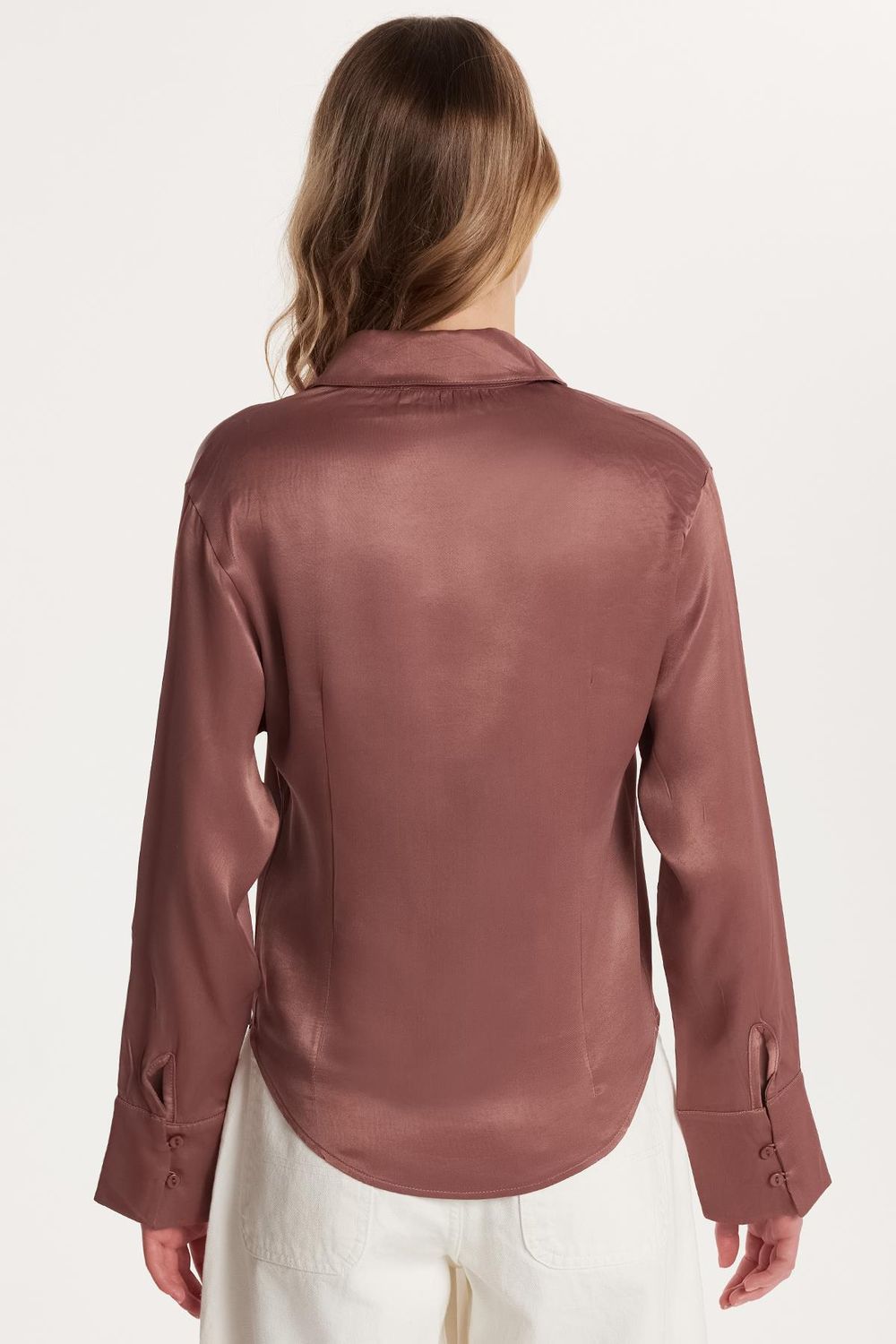 Kadın Slim Fit Dar Kesim Uzun Kollu Klasik Yaka Saten Gül Kurusu Gömlek