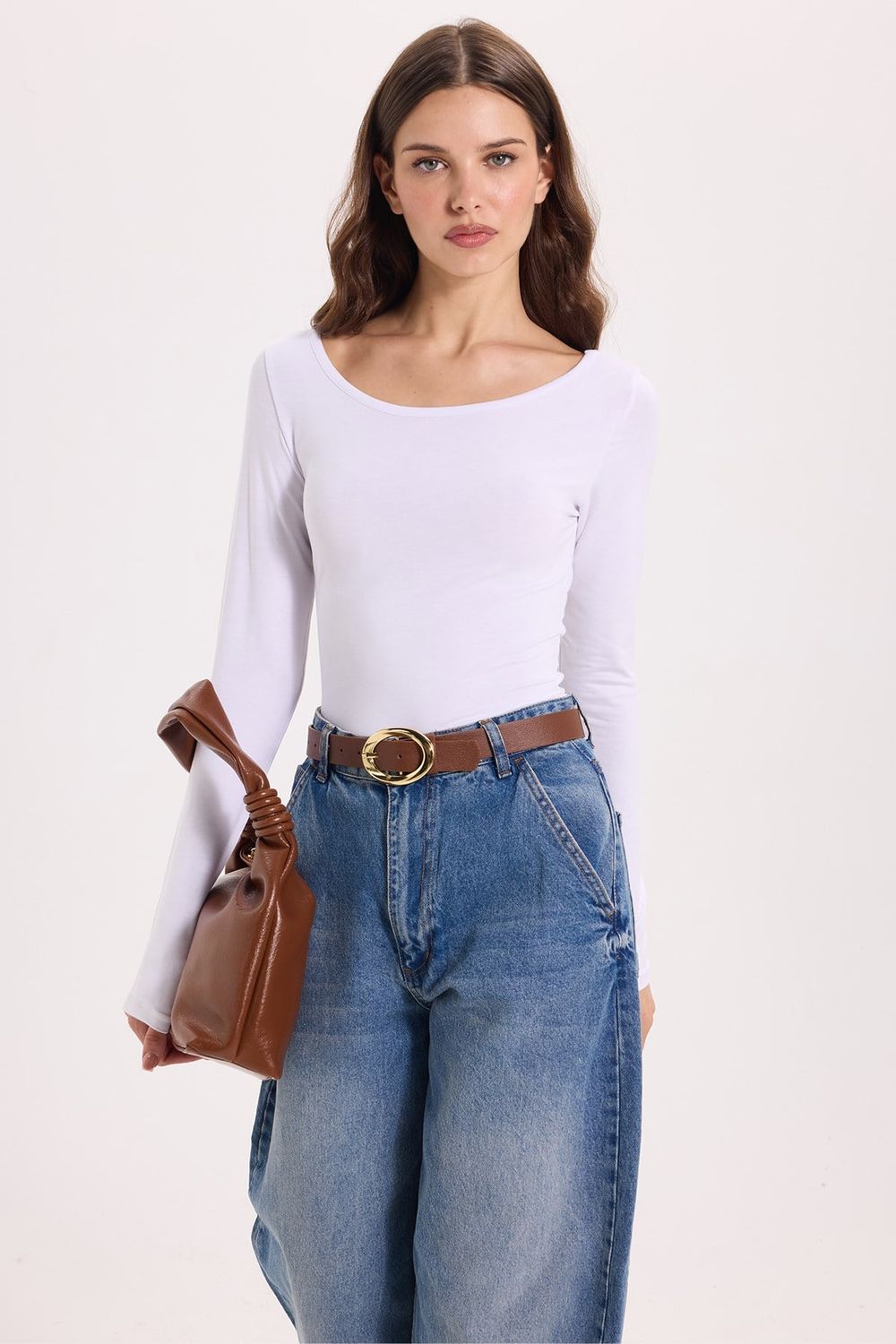 Kadın Slim Fit Dar Kesim Uzun Kollu Viskon Beyaz Bluz