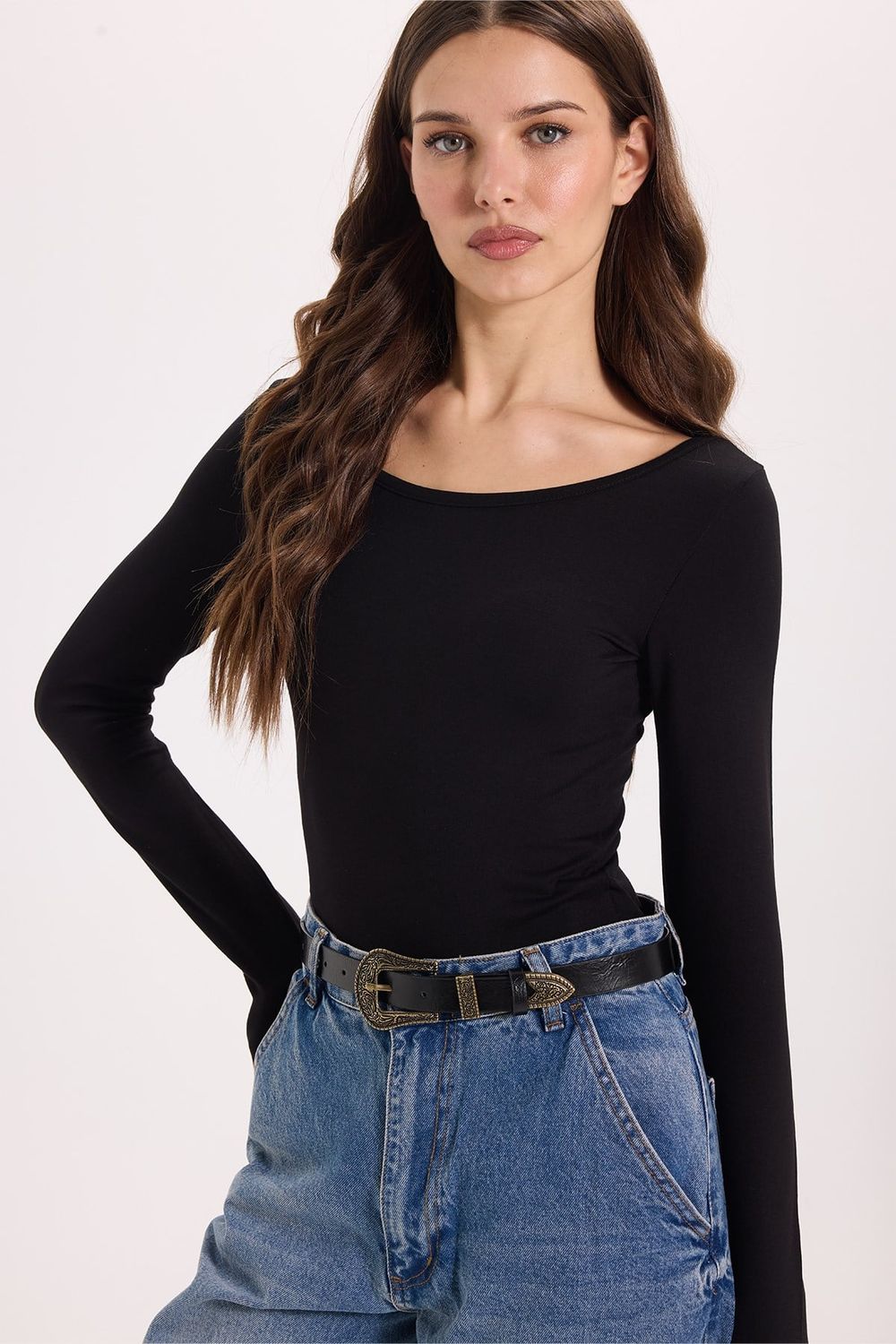 Kadın Slim Fit Dar Kesim Uzun Kollu Viskon Siyah Bluz