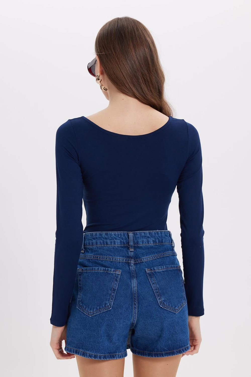 Kadın Slim Fit Dar Kesim Uzun Kollu Viskon Lacivert Bluz