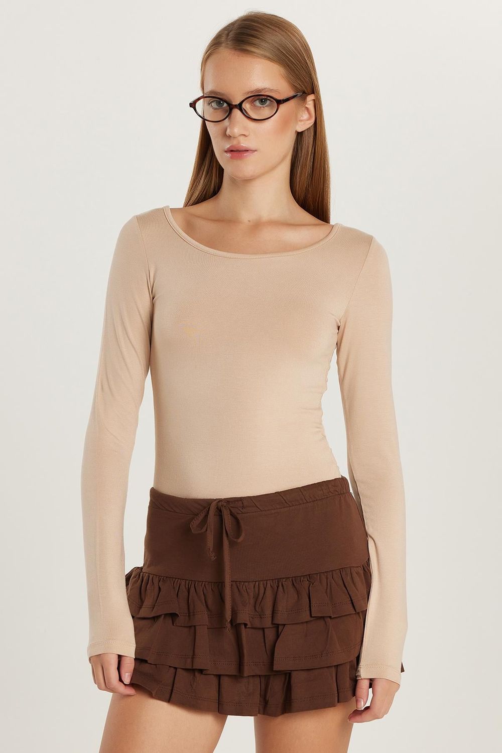 Kadın Slim Fit Dar Kesim Uzun Kollu Viskon Bej Bluz