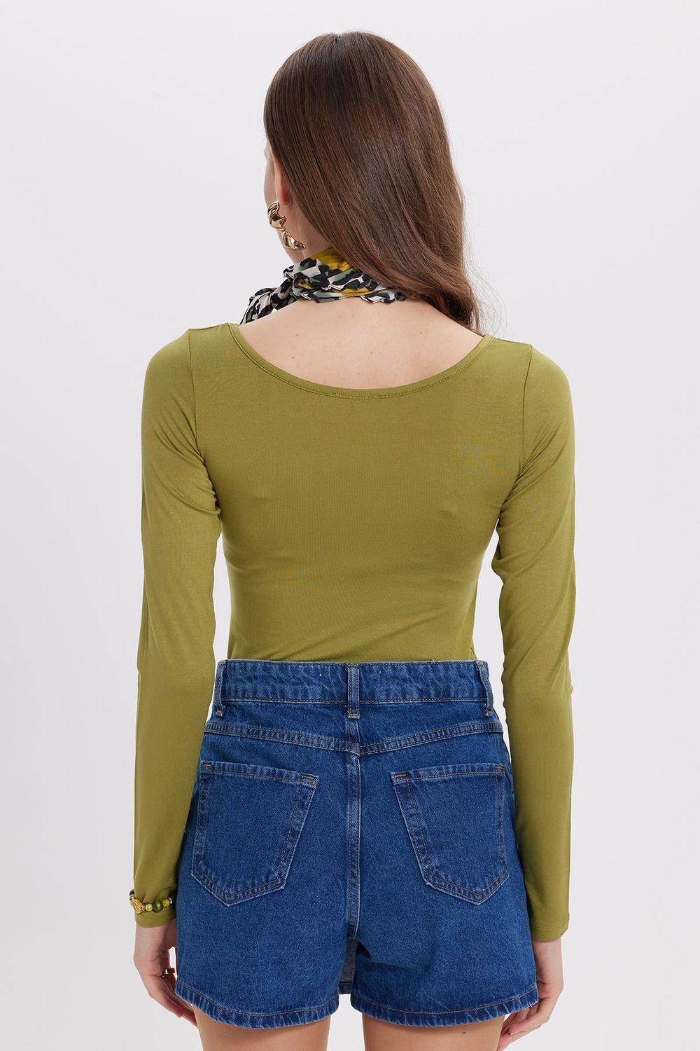 Kadın Slim Fit Dar Kesim Uzun Kollu Viskon Yeşil Bluz
