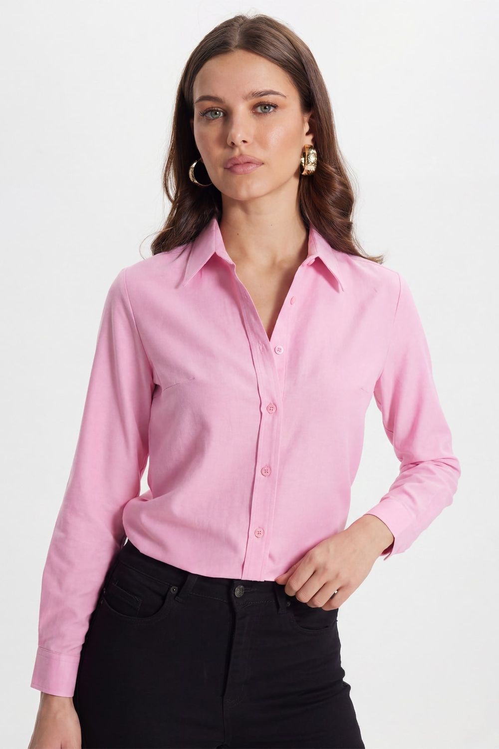 Kadın Slim Fit Dar Kesim Uzun Kollu Pamuklu Vücuda Oturan Dokulu Pembe Basic Gömlek