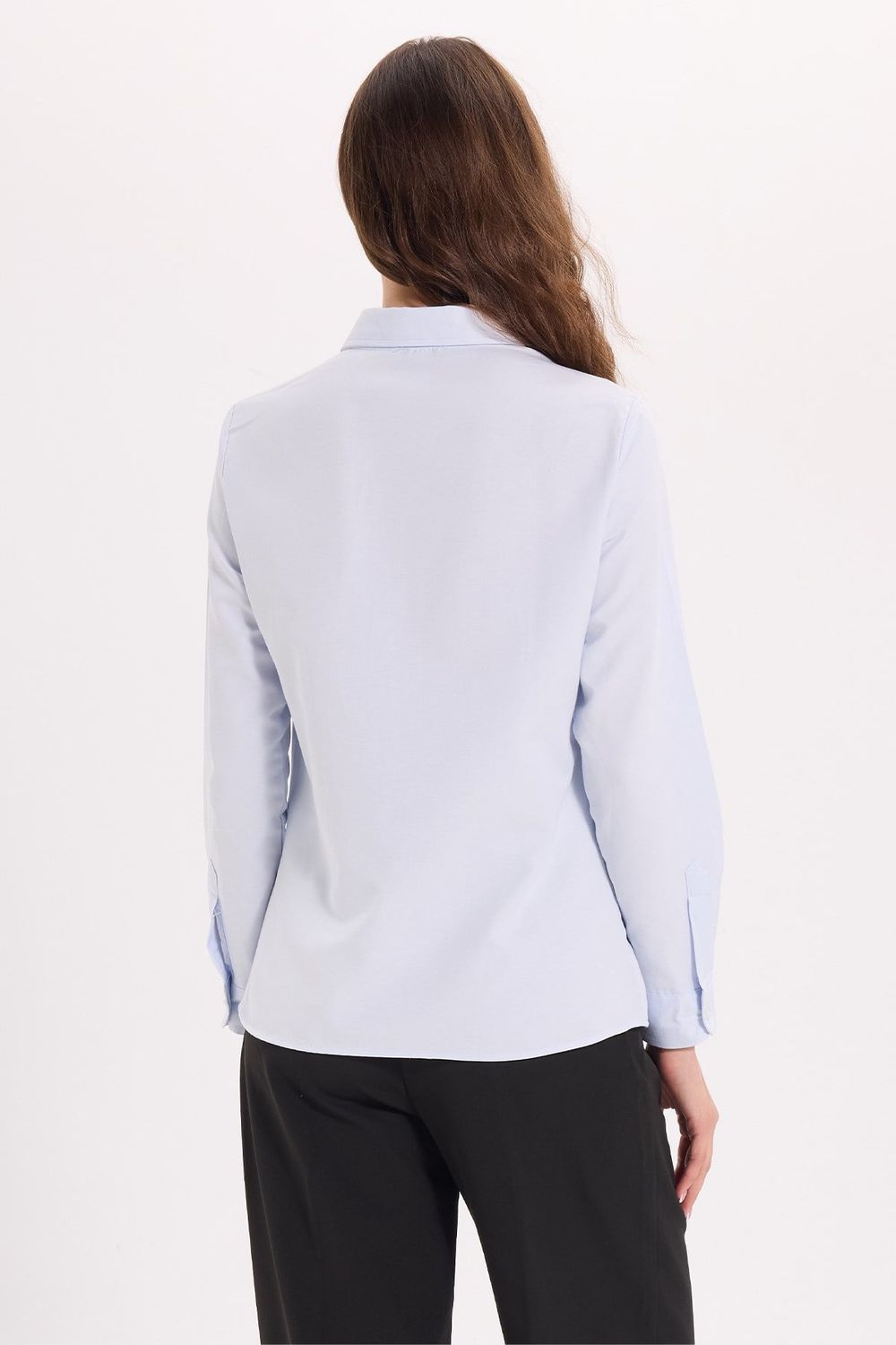 Kadın Slim Fit Dar Kesim Uzun Kollu Pamuklu Vücuda Oturan Dokulu Mavi Basic Gömlek