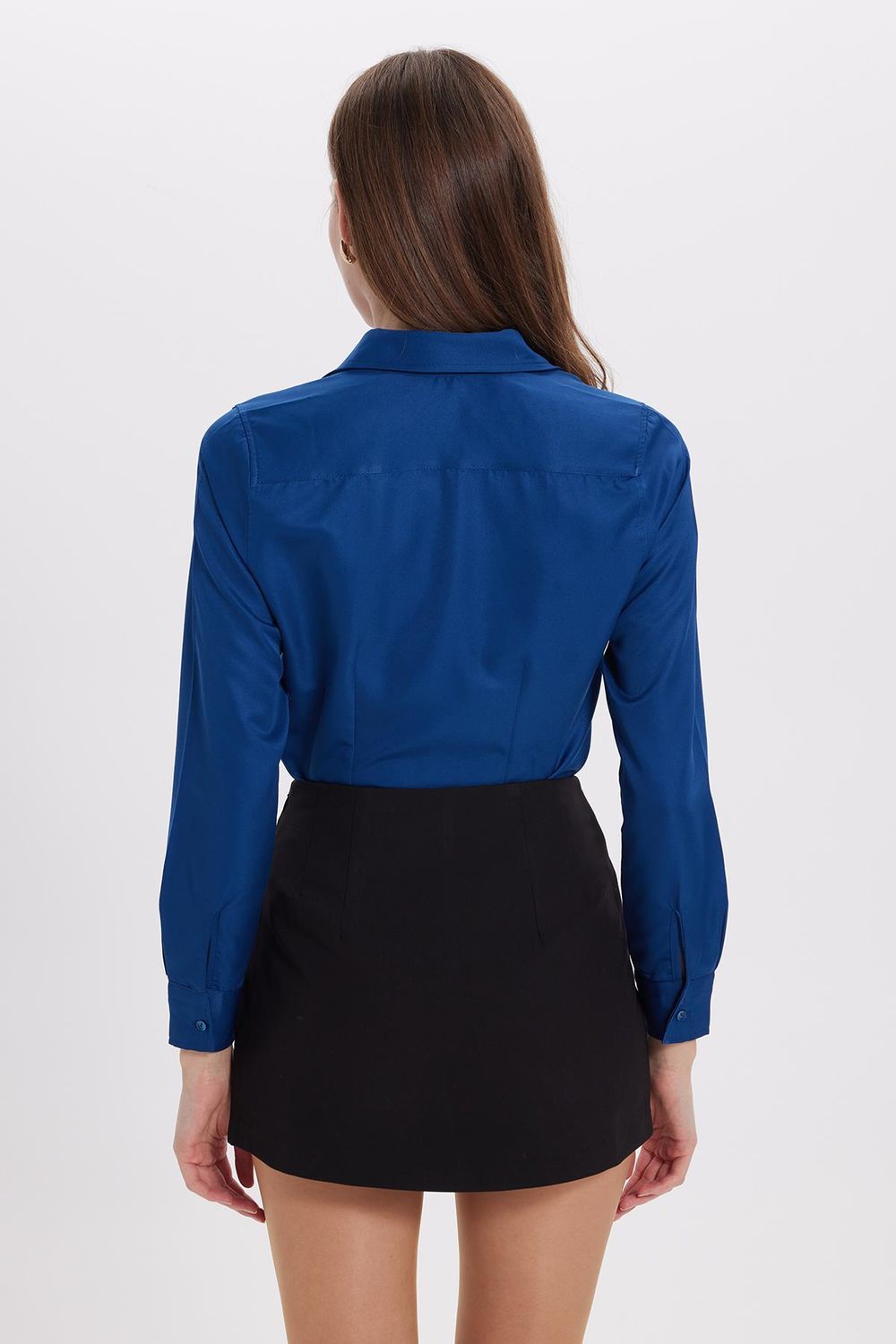 Kadın Slim Fit Dar Kesim Vücuda Oturan Uzun Kollu Lacivert Basic Gömlek