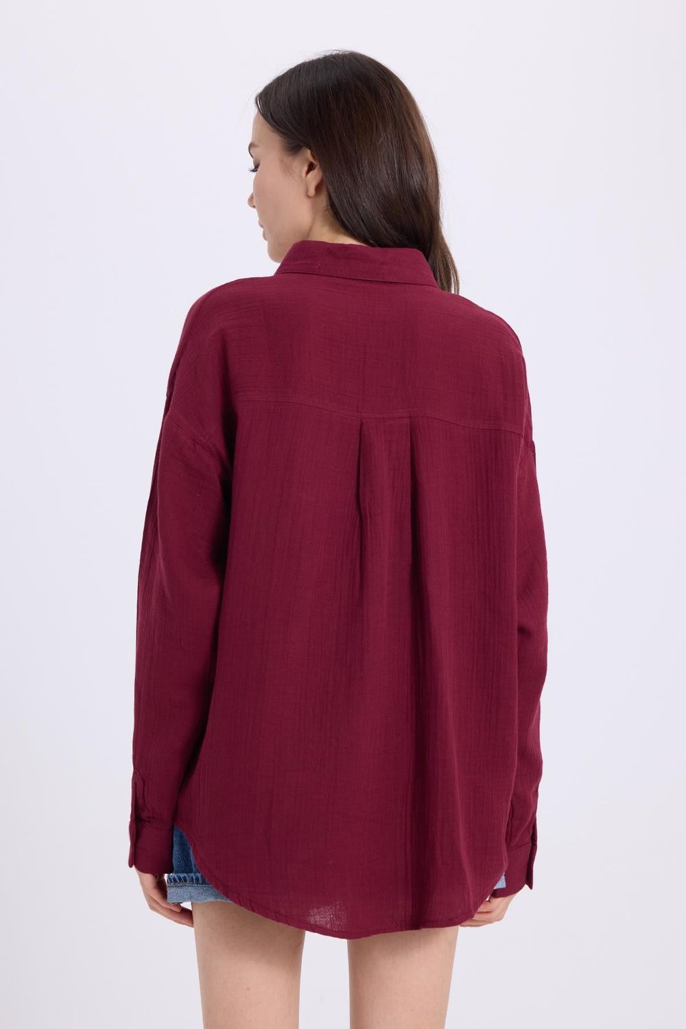 Kadın Oversize Geniş Kesim %100 Pamuk Müslin Kumaş Uzun Kollu Cepli Dokulu Bordo Gömlek