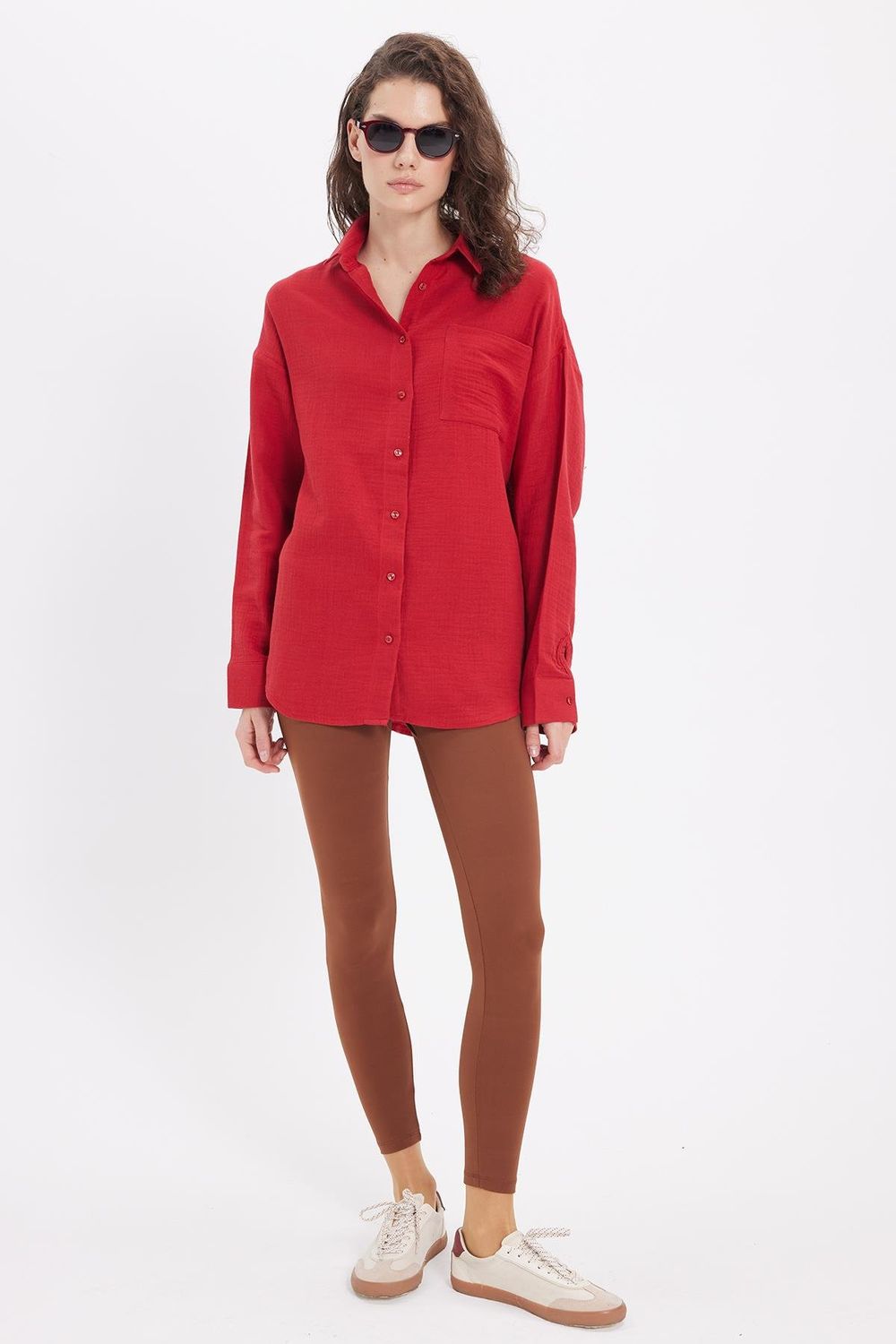 Kadın Oversize Geniş Kesim %100 Pamuk Müslin Kumaş Uzun Kollu Cepli Dokulu Bordo Gömlek