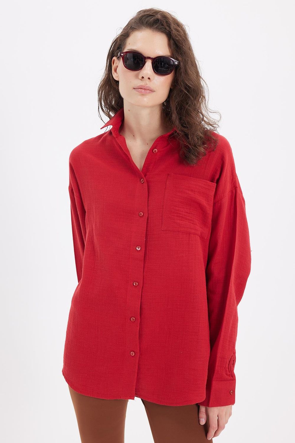 Kadın Oversize Geniş Kesim %100 Pamuk Müslin Kumaş Uzun Kollu Cepli Dokulu Bordo Gömlek