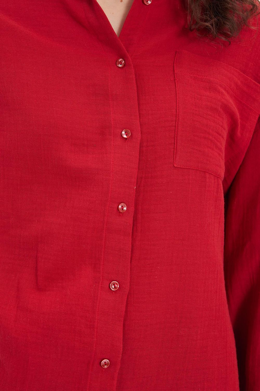 Kadın Oversize Geniş Kesim %100 Pamuk Müslin Kumaş Uzun Kollu Cepli Dokulu Bordo Gömlek