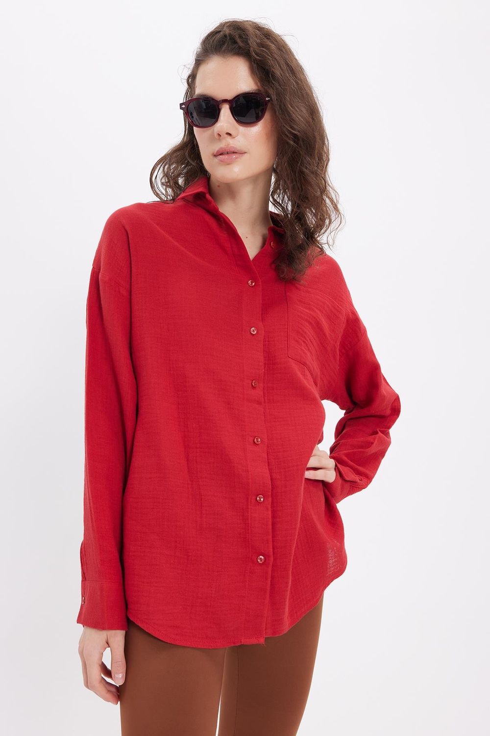 Kadın Oversize Geniş Kesim %100 Pamuk Müslin Kumaş Uzun Kollu Cepli Dokulu Bordo Gömlek