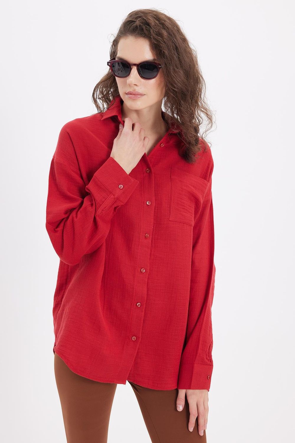 Kadın Oversize Geniş Kesim %100 Pamuk Müslin Kumaş Uzun Kollu Cepli Dokulu Bordo Gömlek