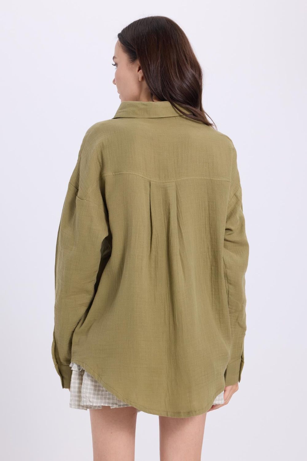 Kadın Oversize Geniş Kesim %100 Pamuk Müslin Kumaş Uzun Kollu Cepli Dokulu Haki Gömlek