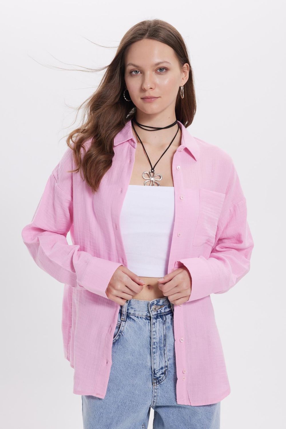 Kadın Oversize Geniş Kesim %100 Pamuk Müslin Kumaş Uzun Kollu Cepli Dokulu Lila Gömlek