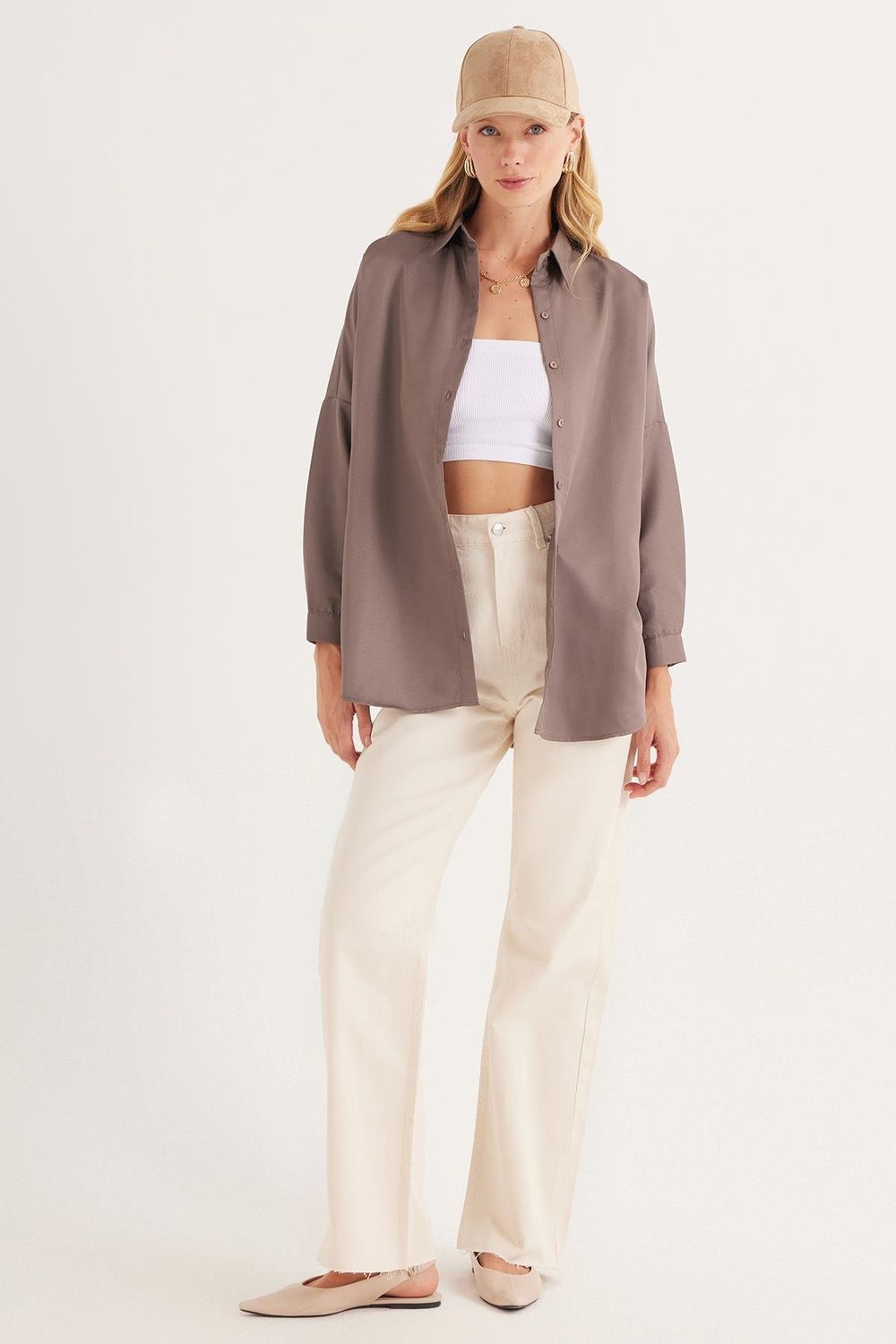 Kadın Oversize Rahat Kesim Spor Yaka Uzun Kollu Basic Düz Gömlek