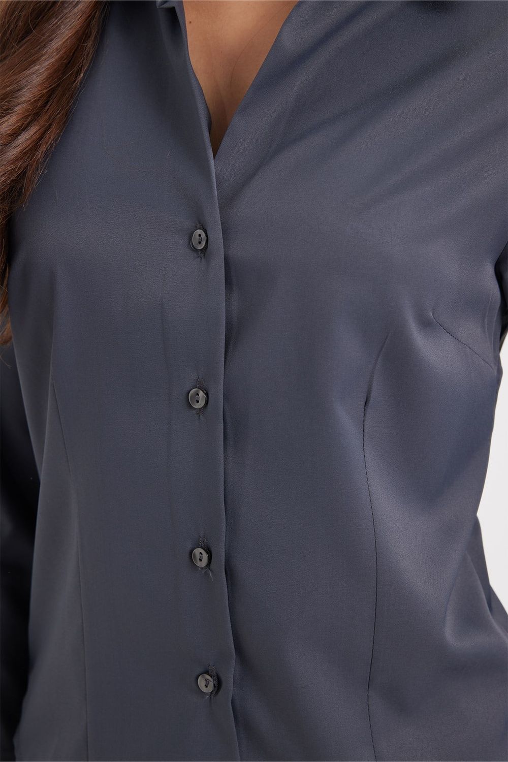 Kadın Slim Fit Dar Kesim Pensli Vucüda Oturan Klasik Yaka Uzun Kollu Likralı Antrasit Gömlek
