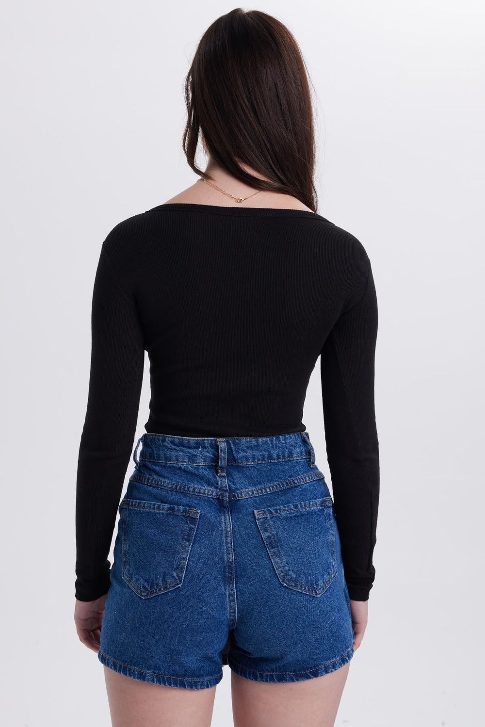 Kadın Slim Fit Dar Kesim Pamuklu V Yaka Siyah Bluz