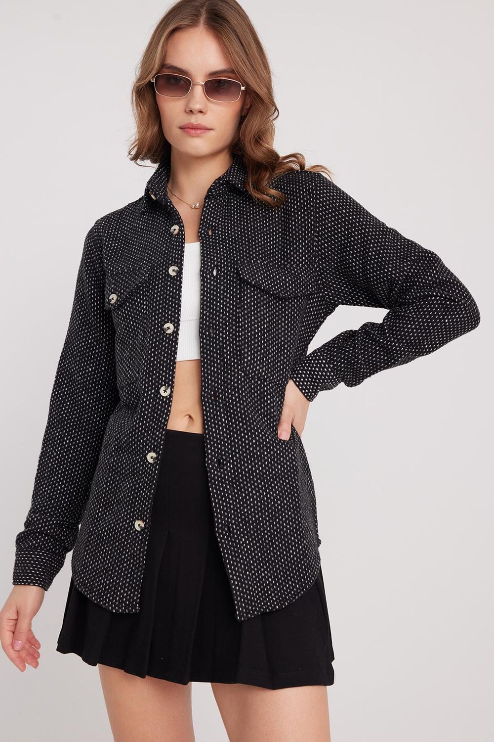 Kadın Slim Fit Dar Kesim Uzun Kollu Çizgili Çift Cepli Kışlık Oduncu Gömlek
