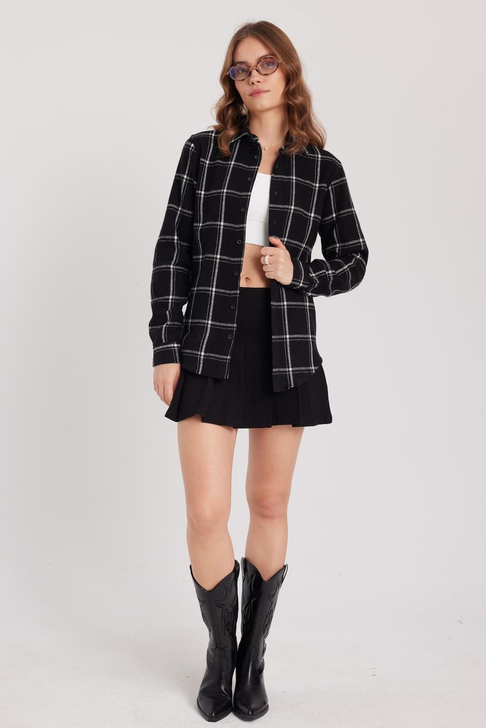 Kadın Slim Fit Dar Kesim Oduncu Tek Cepli Kareli Kışlık Gömlek