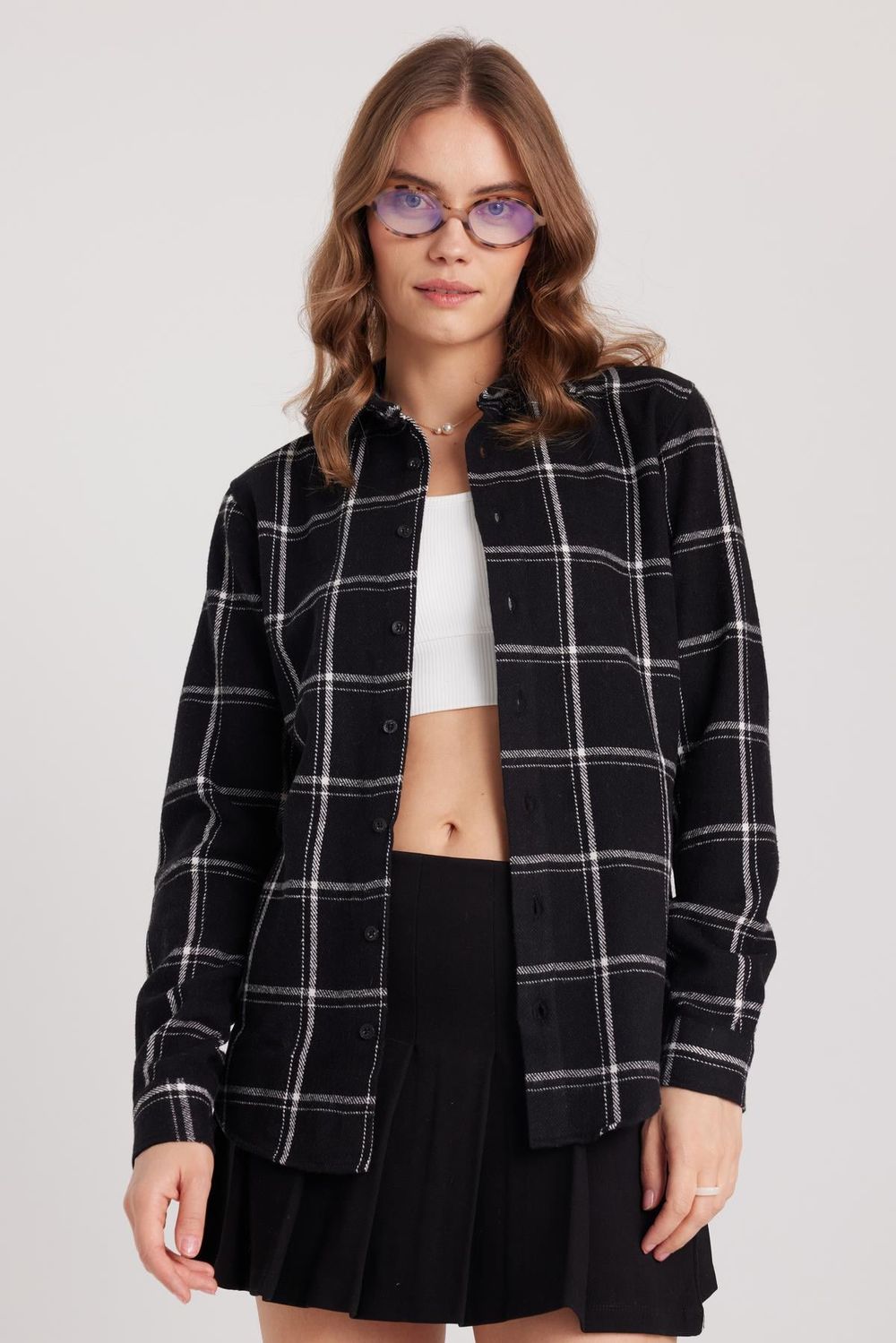 Kadın Slim Fit Dar Kesim Oduncu Tek Cepli Kareli Kışlık Gömlek