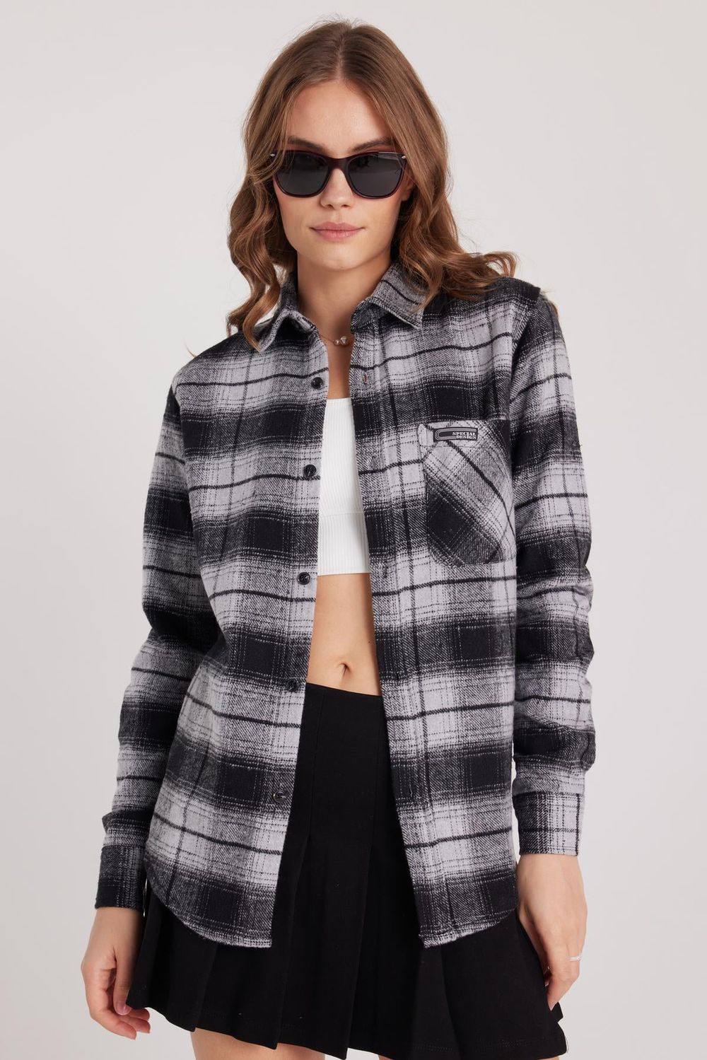 Kadın Slim Fit Dar Kesim Oduncu Tek Cepli Kareli Kışlık Gömlek