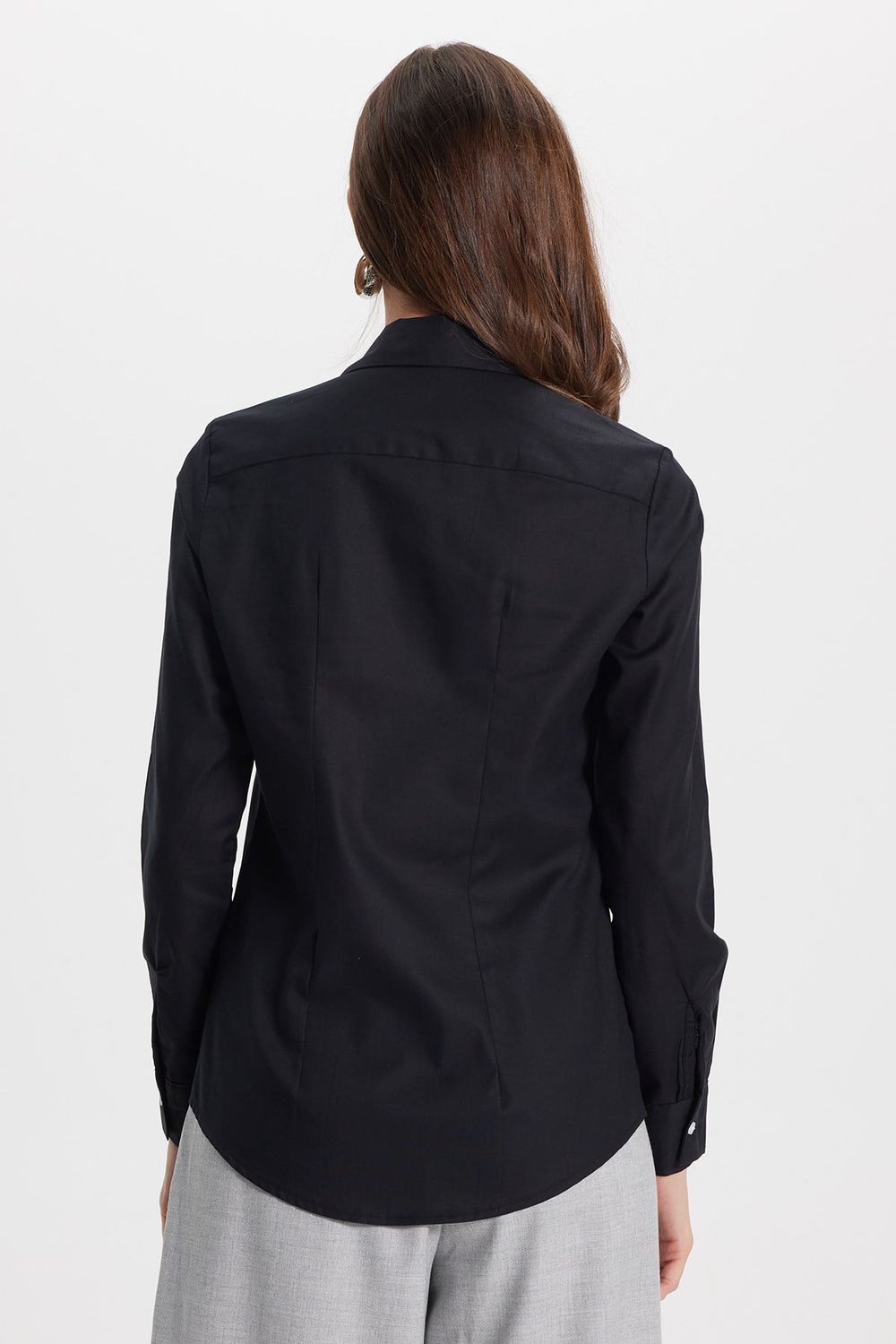 Kadın Slim Fit Dar Kesim %100 Pamuk Spor Yaka Gizli Pat Uzun Kollu Düz Oxford Leke Tutmaz Siyah Gömlek