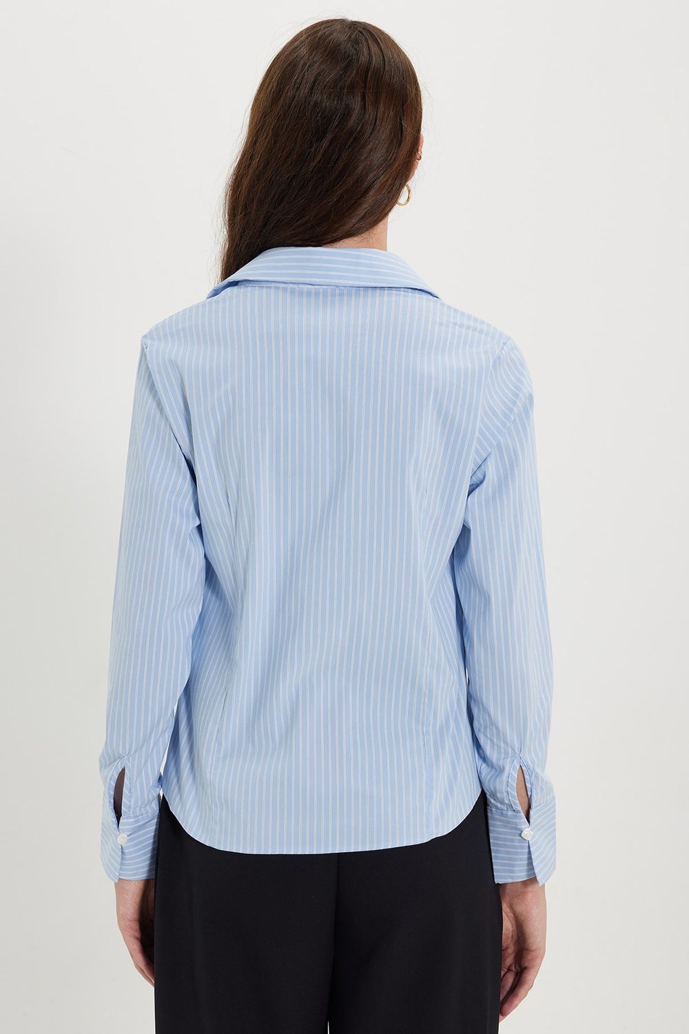 Kadın Slim Fit Dar Kesim Pamuklu Uzun Kollu Çizgili Mavi Kadın Gömlek