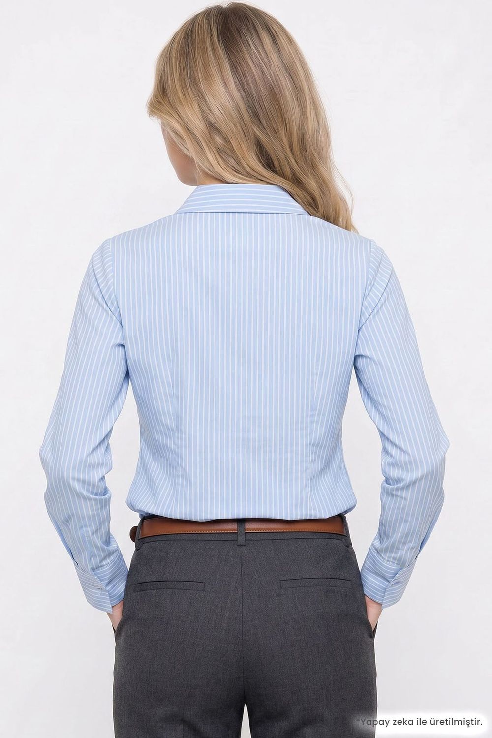 Kadın Slim Fit Dar Kesim Pamuklu Uzun Kollu Çizgili Mavi Kadın Gömlek
