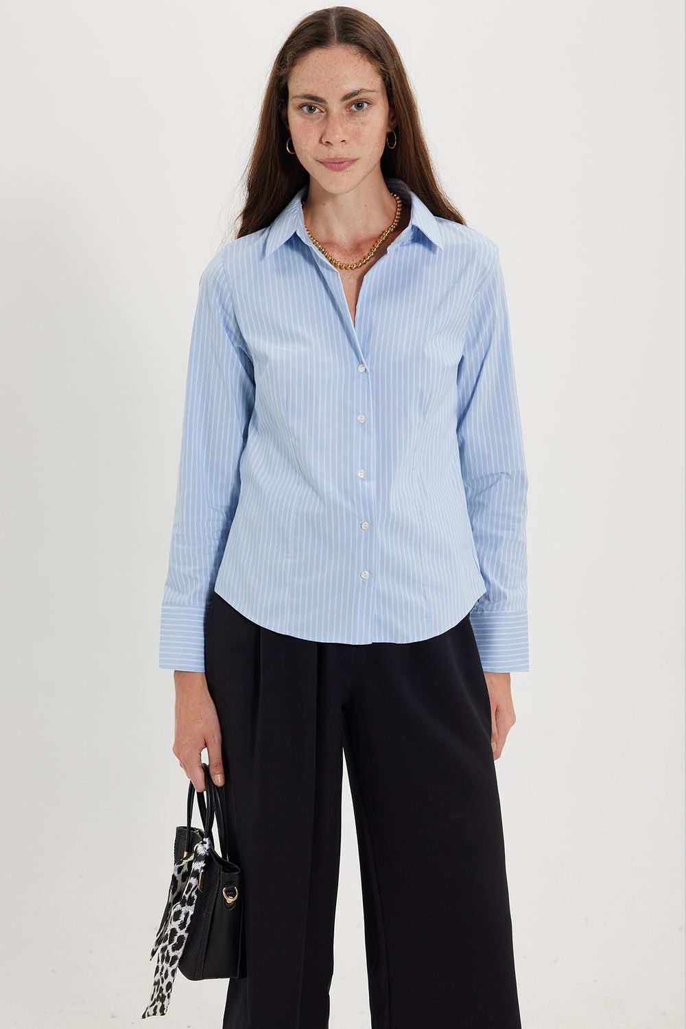 Kadın Slim Fit Dar Kesim Pamuklu Uzun Kollu Çizgili Mavi Kadın Gömlek