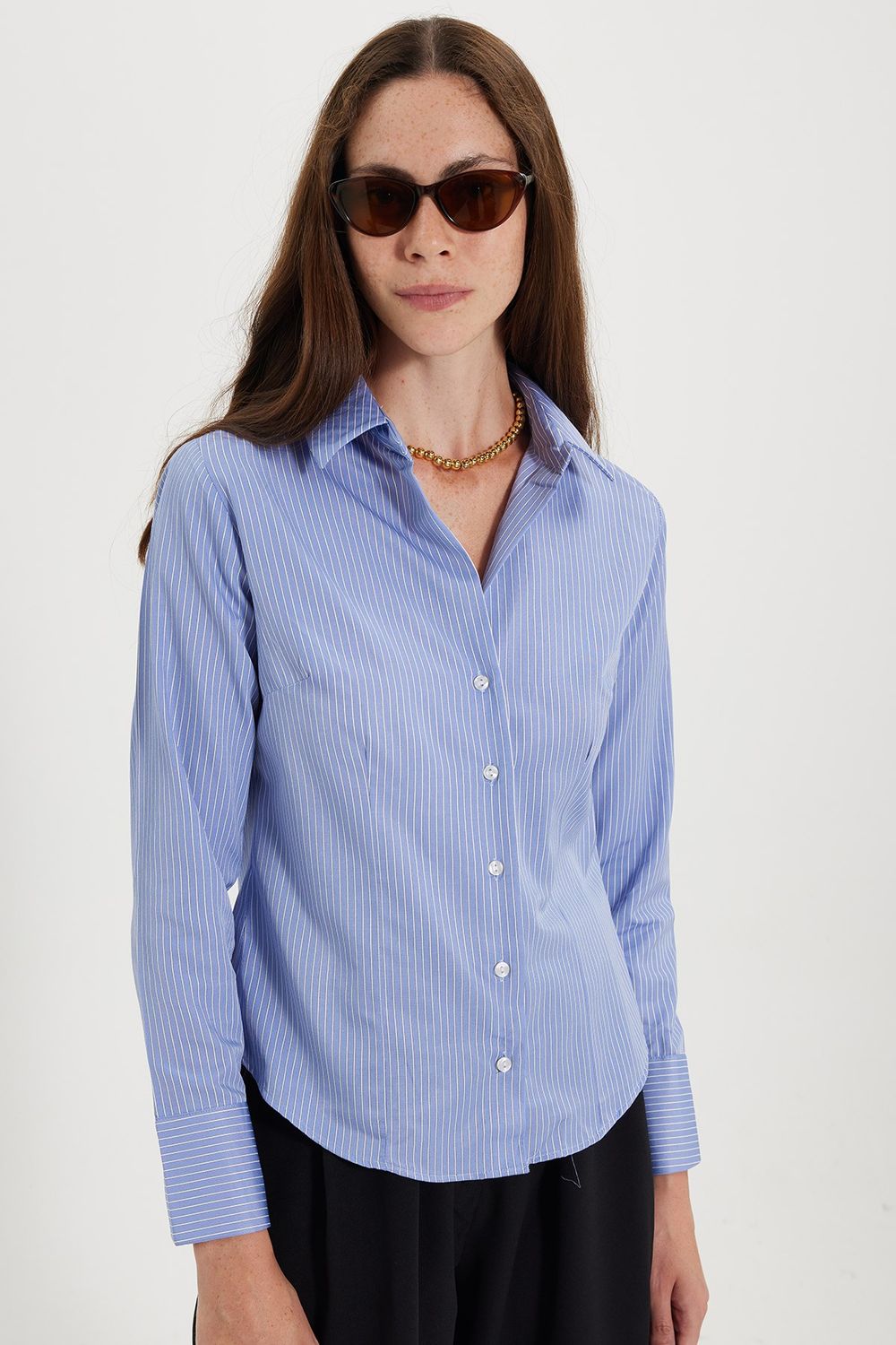 Kadın Slim Fit Dar Kesim Pamuklu Uzun Kollu Çizgili Mavi Kadın Gömlek