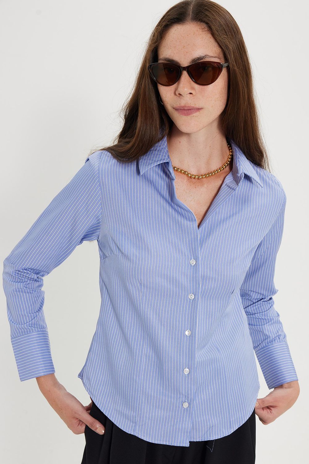 Kadın Slim Fit Dar Kesim Pamuklu Uzun Kollu Çizgili Mavi Kadın Gömlek