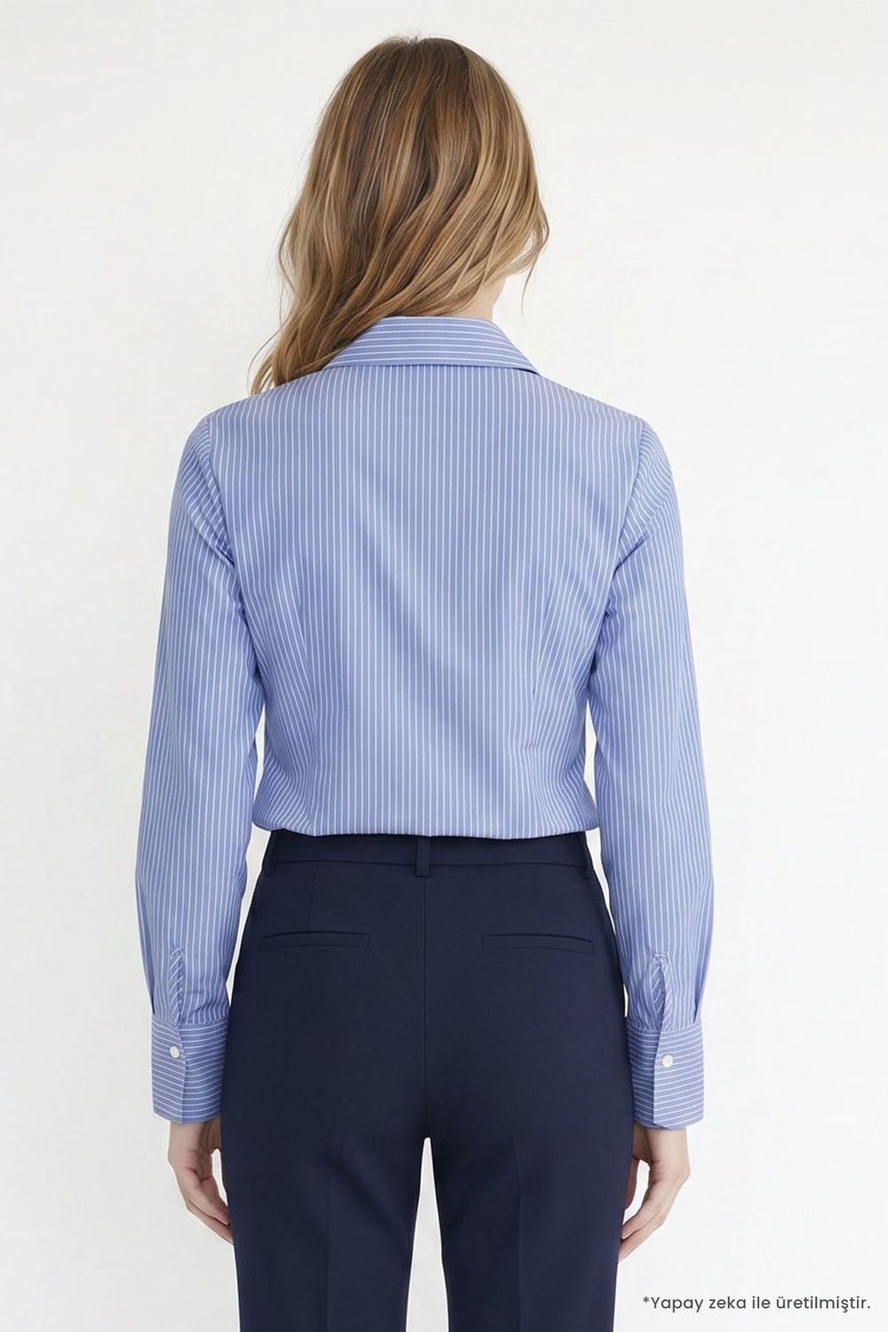 Kadın Slim Fit Dar Kesim Pamuklu Uzun Kollu Çizgili Mavi Kadın Gömlek
