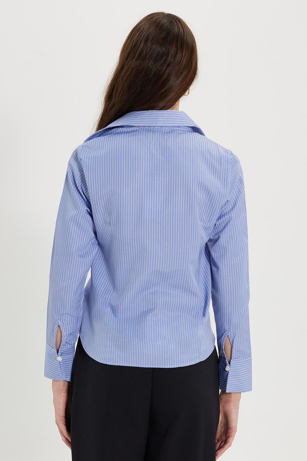 Kadın Slim Fit Dar Kesim Pamuklu Uzun Kollu Çizgili Mavi Kadın Gömlek