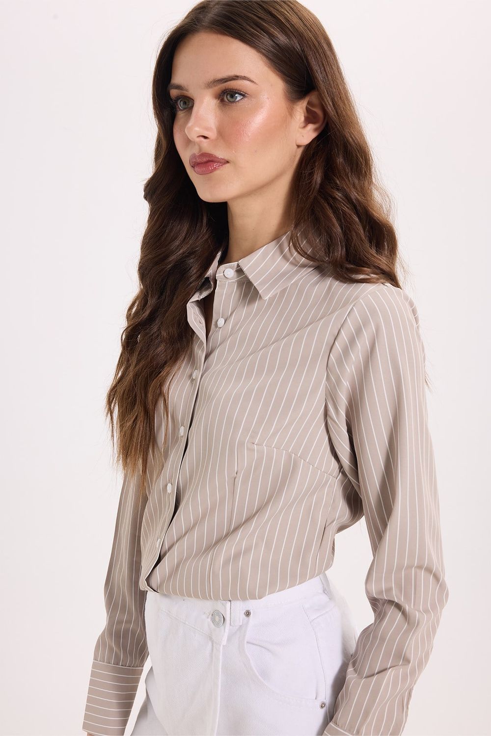 Kadın Slim Fit Dar Kesim Uzun Kollu Çizgili Bej Gömlek