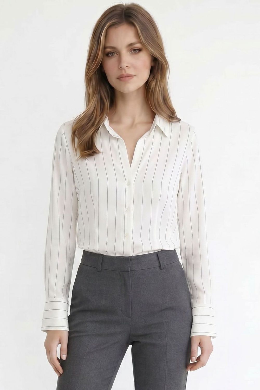 Kadın Slim Fit Dar Kesim Çizgili Viskon Yumuşak Dokulu Uzun Kollu Pensli Gömlek
