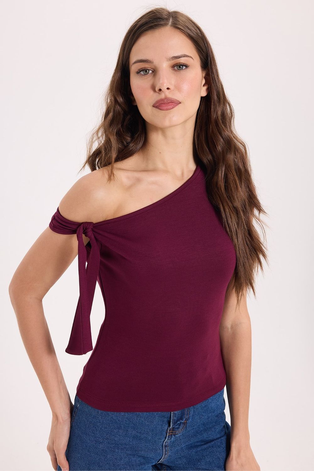 Kadın Slim Fit Dar Kesim Kısa Kollu Kayık Yaka Bordo Bluz