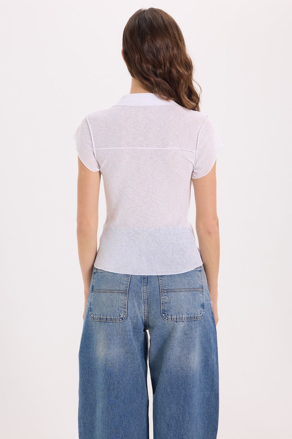 Kadın Slim Fit Dar Kesim Kısa Kollu Gömlek Yaka Beyaz Gömlek