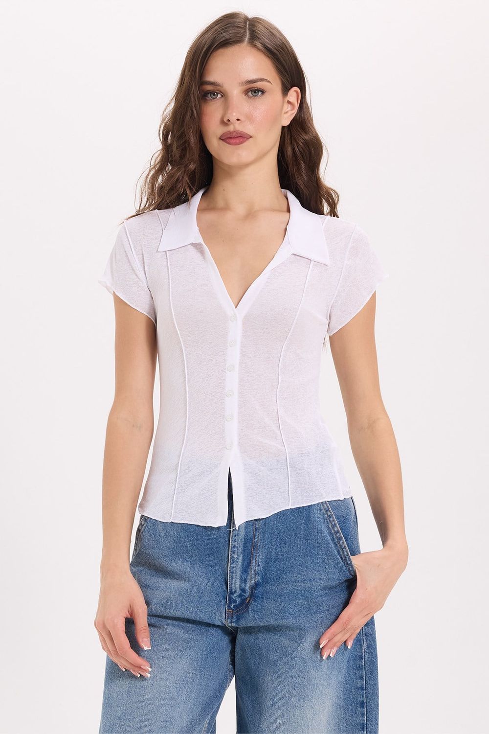 Kadın Slim Fit Dar Kesim Kısa Kollu Gömlek Yaka Beyaz Gömlek