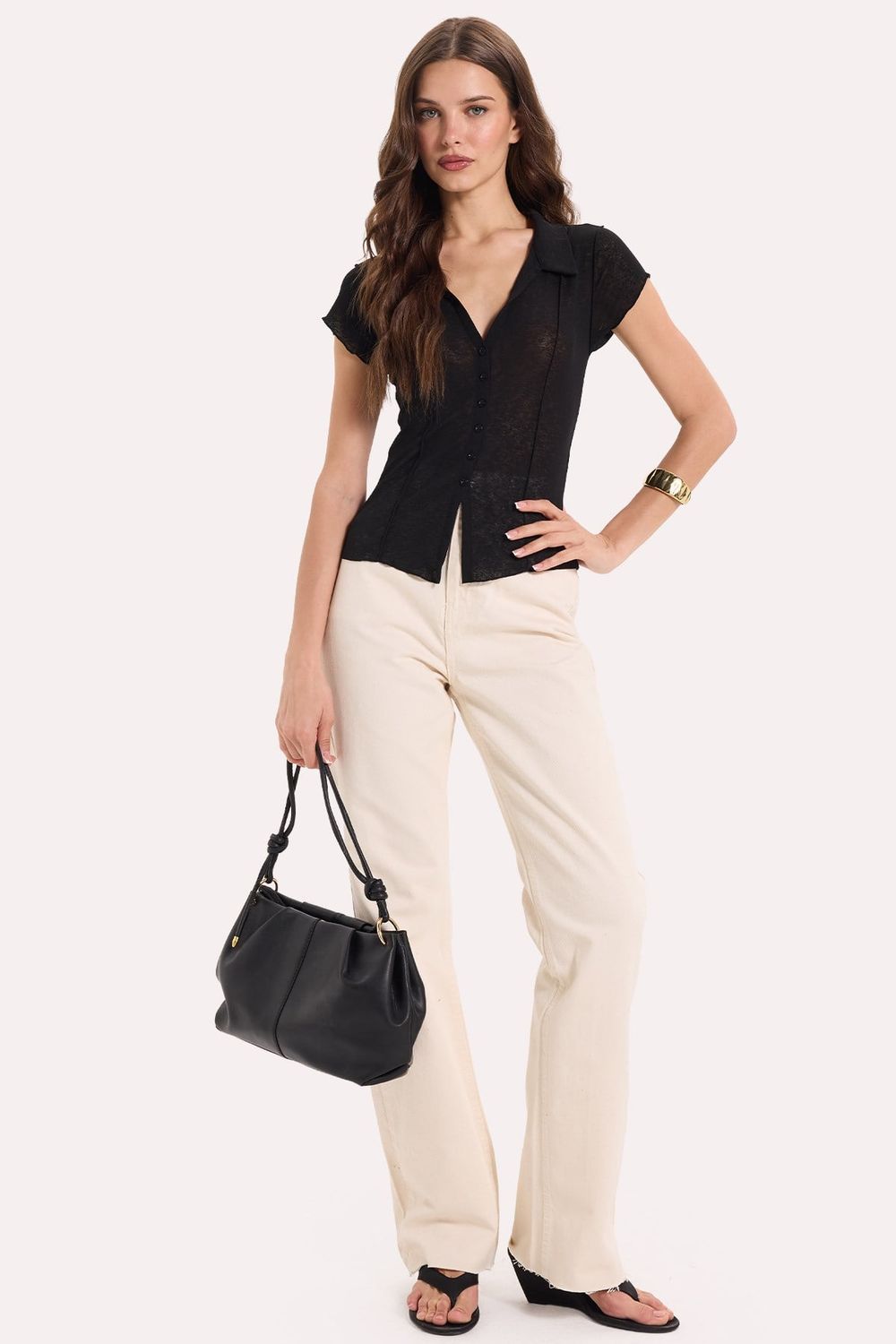 Kadın Slim Fit Dar Kesim Kısa Kollu Gömlek Yaka Siyah Gömlek