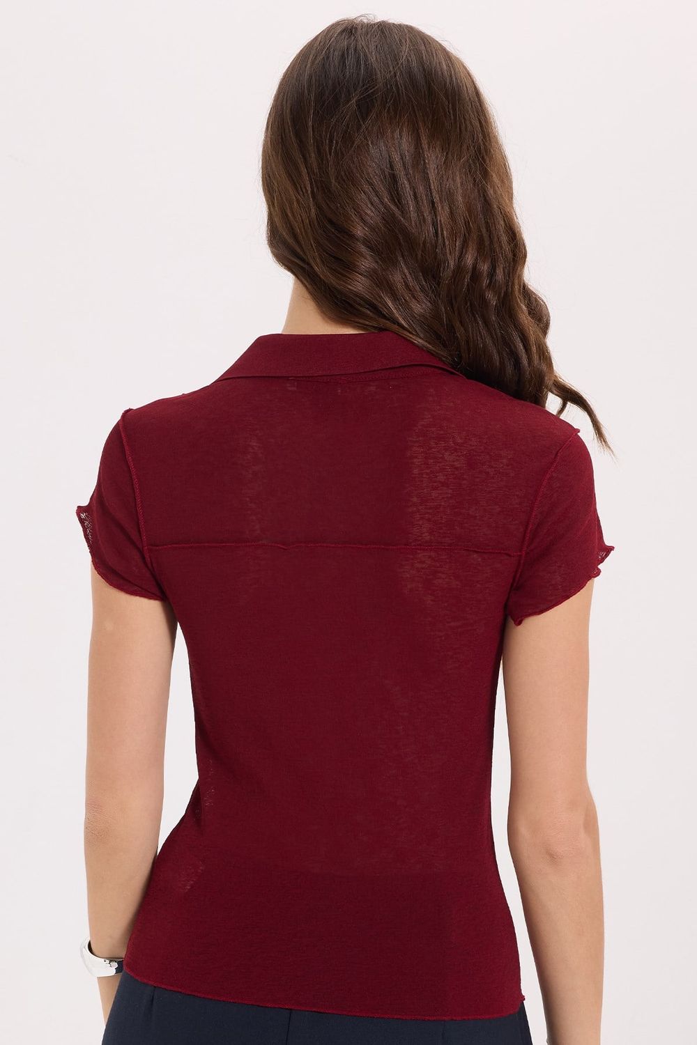Kadın Slim Fit Dar Kesim Kısa Kollu Gömlek Yaka Bordo Gömlek