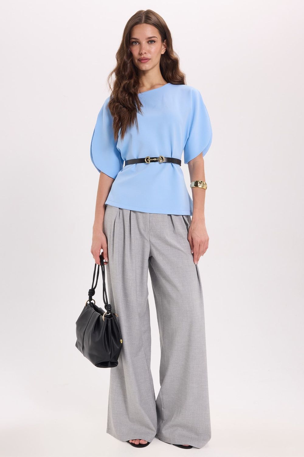 Kadın Slim Fit Dar Kesim Kol Detaylı İnce Kemerli Fermuarlı Mavi Bluz