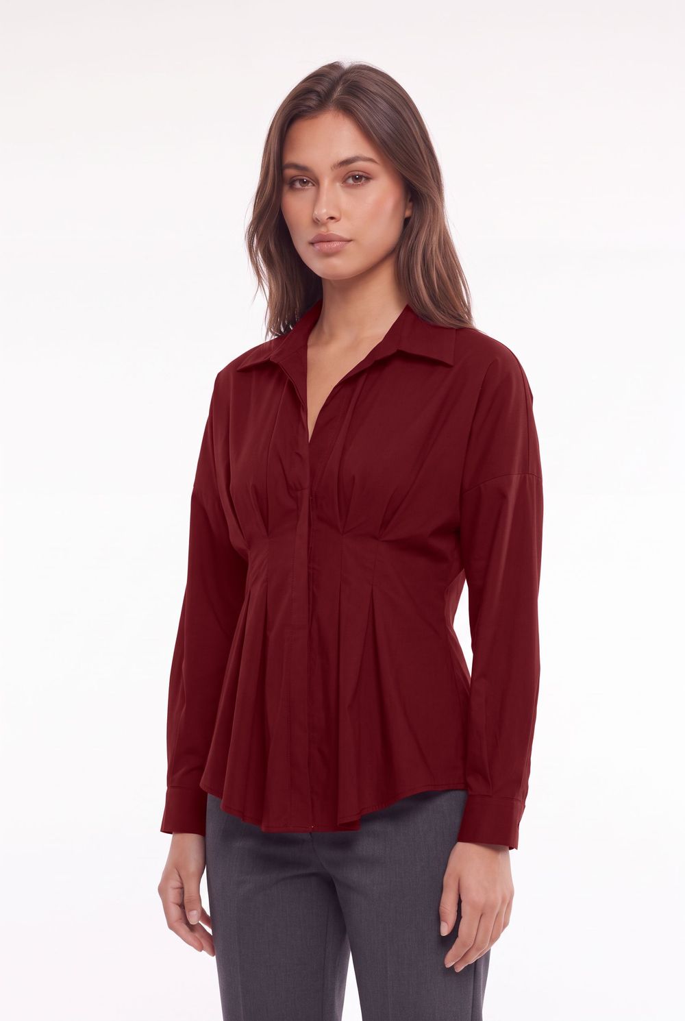 Kadın Regular Fit Klasik Kesim Uzun Kollu Terycotton Kumaş Pileli Bordo Gömlek