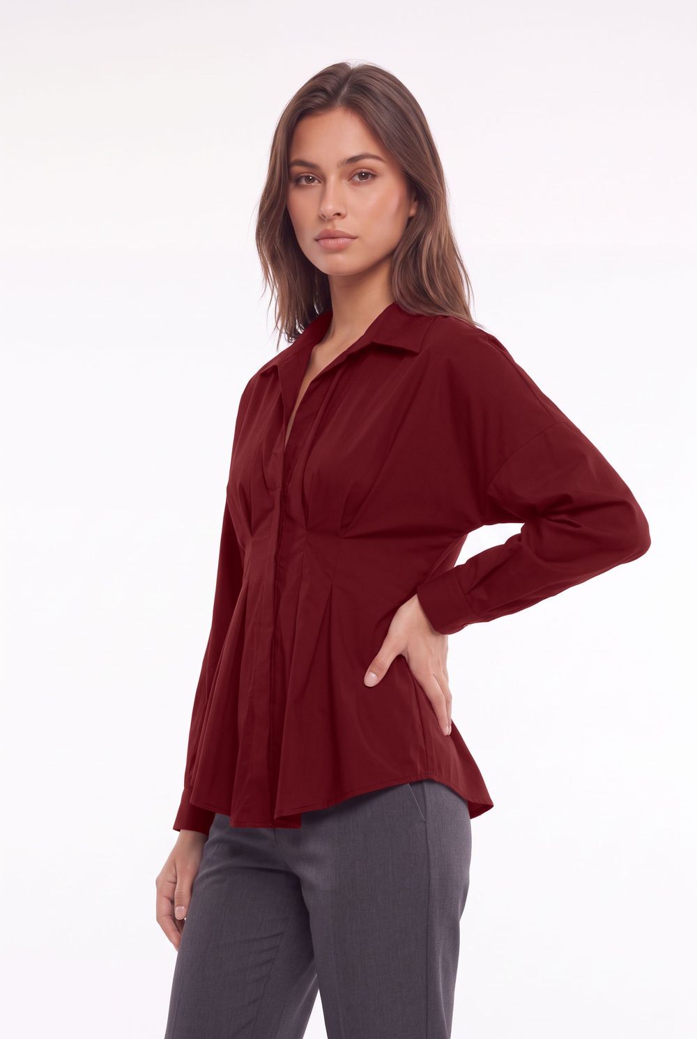 Kadın Regular Fit Klasik Kesim Uzun Kollu Terycotton Kumaş Pileli Bordo Gömlek