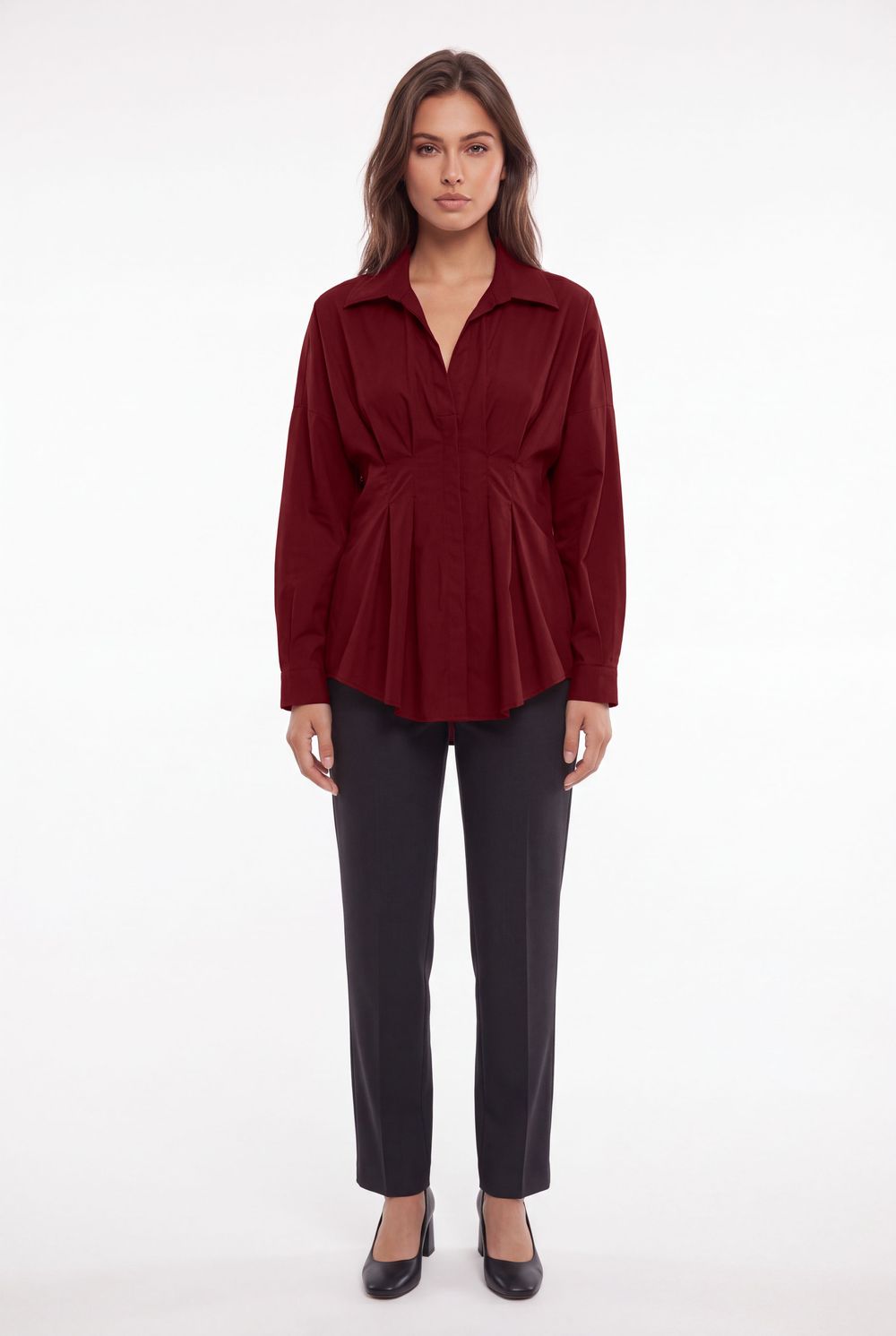 Kadın Regular Fit Klasik Kesim Uzun Kollu Terycotton Kumaş Pileli Bordo Gömlek