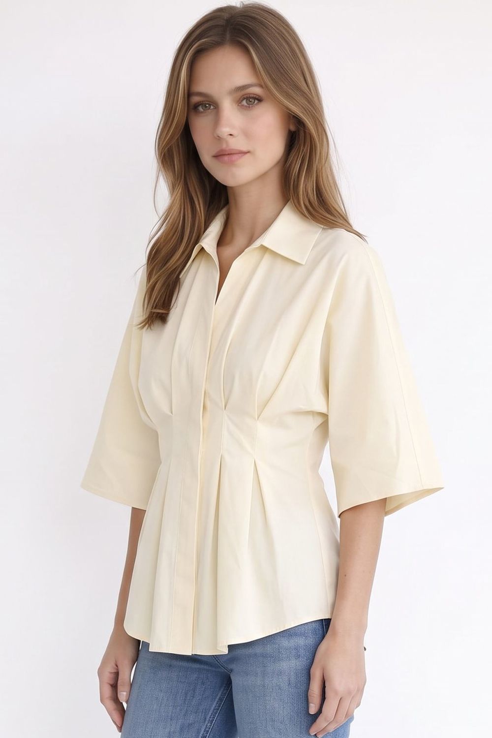 WOMAN REGULAR FIT  SHORT SLV TERYCOTTON PLEATED GÖMLEK